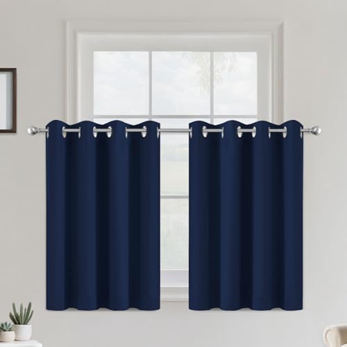 Image of COSVIYA Grommet Room Darkening Navy Blue Curtains 36 inch Long for Bedroom | Light Blocking Insulated Thermal Curtains for Living Room, Blackout Thick Polyester Window Drapes,52x36 inches, 2 Panels