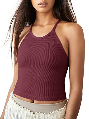 LASLULU Womens Sports Bra Seamless Long Crop Tank Racer Back Spaghetti Strap Workout Yoga Padded Bra Halter Neck Casual Tops - Image 2