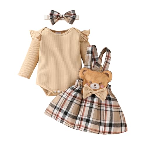 Image of Douhoow Infant Girl Fall Outfits Baby Girl Romper Plaid Suspender Dress Skirt with Headband 3Pcs Festival Clothes