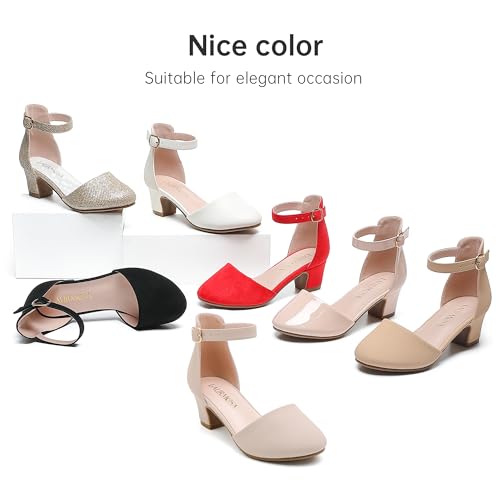LAURMOSA Nude Pumps Shoes for Girl Closed Toe Low Heels Comfortable Girls Dress Shoes Flower Sandals Wedding Party Elegance Ankle Strap Chunky Block Heels for Little Big Kids(L1012Nude 4) - Thumbnail 7