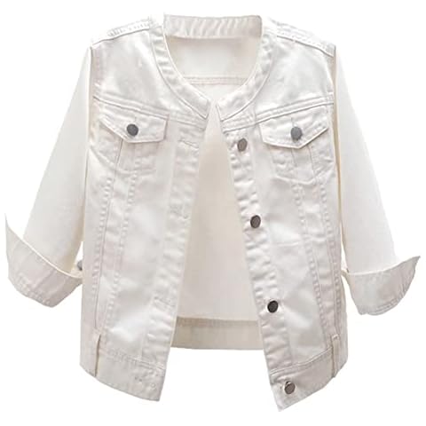 KEDERA Women's Collarless Denim Jackets Three Quarter Sleeve Stretch Short Jeans Coat, White, Large Cover