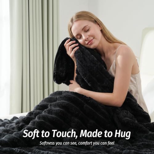 Image of Fleece Weighted Blanket for Adults 48 inch x 72 inch 15lbs Striped Blankets, Black | Dual Sided Soft Sherpa Weighted Blankets with Glass Bead Filling, Plush 3D Striped Heavy Throw Blanket for Bed and Couch