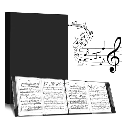 Vegena Carpeta de Partituras de 4 Lados, Plegable A4, 52 Fundas Transparentes, Negra, Soporte para Partituras Musicales, Carpeta de Presentación, para Músicos Instrumentalistas