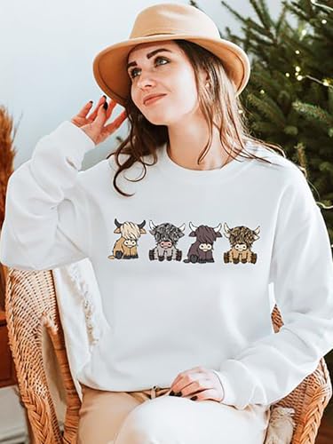 Women Highland Cow Sweatshirt Cute Cowgirl Gift Christmas Farm Sweatshirt Ribbon Long Sleeve Shirts