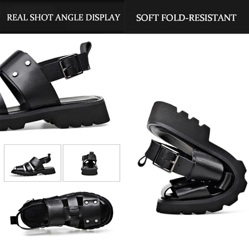 Men's Black Soft Leather Platform Sandals Adjustable Buckle Closed Toe Chunky Heel Casual Walking Sandals Summer Outdoor Non-Slip Fisherman Sandals4