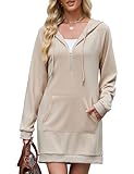 Tanst Sky Womens Tunic Sweatshirt,Cute Hoodie Dress for Women Long Sleeve Half Zip Outfits with Kangaroo Pocket Ladies V Neck Drawstring Office Work Casual Apparel Khaki Small