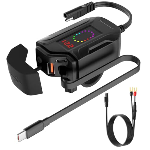 SOBMOTO Motorcycle USB Charger Retractable Type-C & Dual USB Fast Charging Independent Switch 3-in-1 SAE to USB Adapter with 1.5m Extension LED Voltmeter Waterproof for Dirt Bike ATV UTV