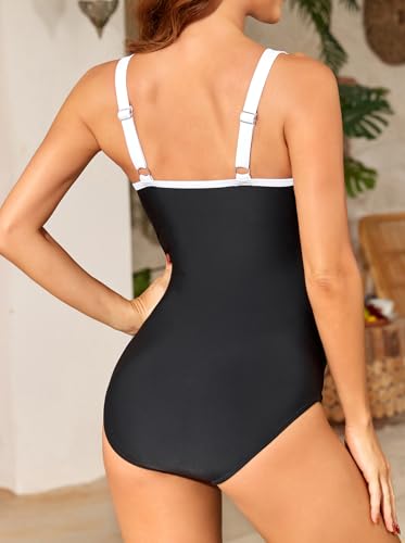 Smismivo Women's High Neck Tummy Control One Piece Swimsuits Modest Slimming Bathing Suit Color Block Removable Padded 20252