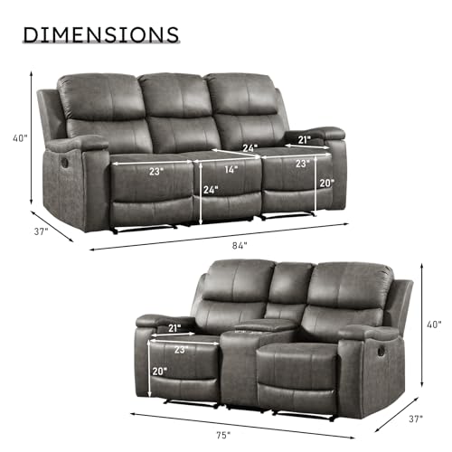 Image of CANMOV Faux Leather Manual Reclining Sofa Set, Manual Recliner Sofa and Recliner Loveseat with Center Console, Hidden Storage and Cup Holders for Living Room,Bedroom Furniture,Grey