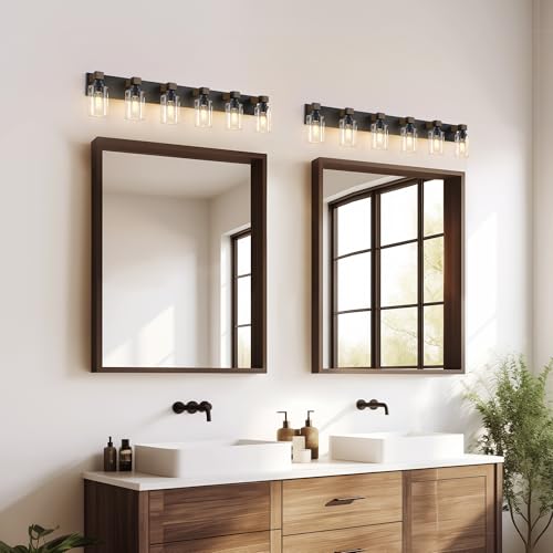 Image of Farmhouse Bathroom Vanity Light Fixtures, Rustic 6-Light Wood Vanity Lights for Bathroom, Vintage Black Wall Sconces Lighting, Light fixtures Over Mirror, with Glass Shade
