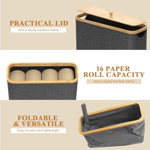 30L Toilet Paper Storage Basket with Lid, Hold Up to 16 Rolls, Slim Bamboo Toilet Paper Basket Holder Bin Container, Bathroom Accessories Organizer, Grey - Image 5