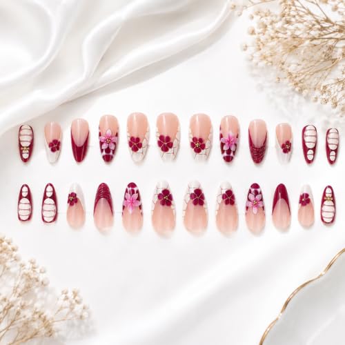 Image of Secret Lives 2D White,Wine Flowers, Glossy Almond Fake Nails, French Tip & Gold Stone Accents Artificial Nail Art, 24-Piece Set with Kit