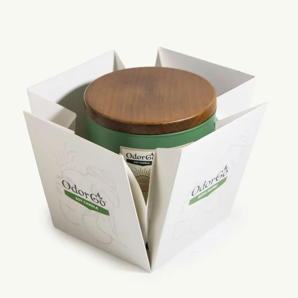 ODORGO Bitkisel Soya Mum 230g – Ahşap Kapaklı, Özel Hediye Kutusunda (Yeşil) – Koku Yok Edici, Vegan