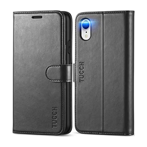 TUCCH Case Wallet for iPhone XR, Kickstand RFID Blocking Credit Card Slot PU Leather Folio Phone Cover with Wireless Charging [Shockproof TPU Shell] Compatible with iPhone XR 6.1, Black Cover