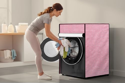 Image of Stylista Waterproof Front Load Washing Machine Cover Compatible for LG 5.5 kg, 6 kg & 6.5 kg Pin Check Pattern Pink