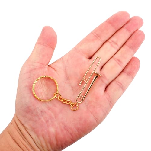 Dselvgvu Miniature Musical Instrument Keychain with Case Brass Mini Collectible Figurines Replica Key Ring Birthday Gifts (2.20\" Trombone Keychain)