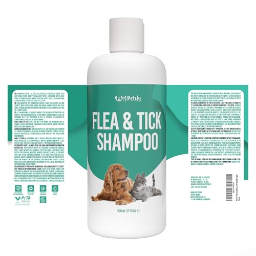 Petsly® Floh & Zeckenmittel für Hunde -500ml - Flohshampoo Hund & Zeckenschutz Hund & Katze, Flohmittel Hund mit Teebaumöl - Sensitives Hundeshampoo, Floh und Zeckenschutz für Hunde