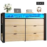 WLIVE 6 Drawer Led Dresser for Bedroom, 51' Wood Dresser with Charging Station for 55' TV, Dressers with Open Shelves, Hanging Rack, Chest of Drawers for Closet, Living Room, Light Oak