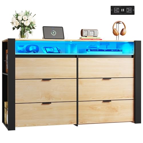 WLIVE 6 Drawer Led Dresser for Bedroom, 51" Wood Dresser with Charging Station for 55" TV, Dressers with Open Shelves, Hanging Rack, Chest of Drawers for Closet, Living Room, Light Oak