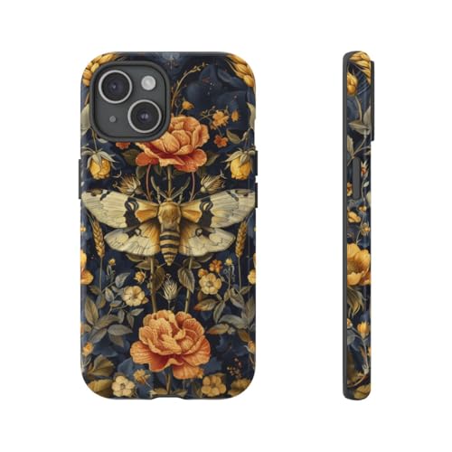 Coque rigide iPhone 15 fleur et papillon de nuit doré pour une protection élégante du smartphone