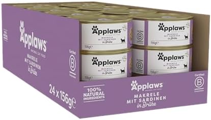 Applaws 100% natürliches Premium-Nassfutter für Katzen, Makrele mit Sardine in Brühe - Packung mit 24 x 156g Dosen