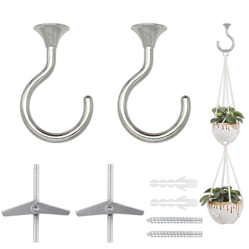 Image of 2 Sets Heavy Duty Swag Ceiling Hooks 2.4 Inch, Chrome Finish, Holds Up to 30lbs, for Hanging Plants & Lights, Easy Install on Wood, Concrete & Drywall (Chrome)
