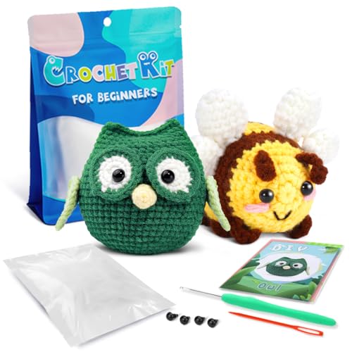 Image of YILIFEIDA Adorable Halloween Crochet 2PC Animals Kit for Beginners - Owl and Bee Knitting Kit with Step-by-Step Tutorials Beginner Crochet Animals for Adults and Family Crochets Christmas Gifts