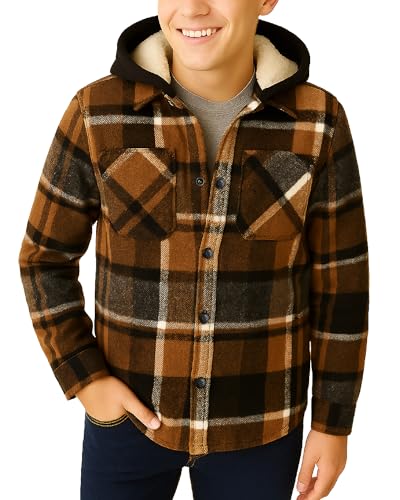 Image of URBAN REPUBLIC Boys Flannel Jacket - Sherpa Lined Hooded Plaid Jacket Button Down Winter Coats for Boys (Sizes 8-20), Size 8, Brown/White Plaid
