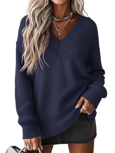 Image of Yommay Women's Jumper Elegant Lightweight Sweater Top V-Neck Knit Sweatshirt Comfortable Trendy Long Sleeve Pullover Hollow Out Retro Design,Navy Blue,XL