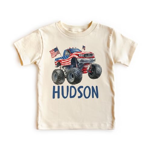 Personalized Boys 4th of July Shirts - Custom Name Patriotic Monster Truck American Flag Independence Day T-Shirt - Natural Boys & Girls Toddler, Youth Clothing3