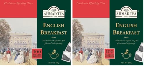 Ahmad Tea English Breakfast - Té de desayuno negro - Té de Assam y Ceilán - Bolsitas de té inglés sin banda con 2 g de té por ración - 100 bolsitas de té, 200 g (Paquete de 2)