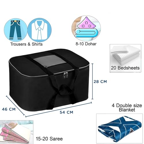 Image of Storite Moisture Proof Nylon Large Size Foldable Underbed Storage Bag For Clothes, Blankets (54 x 46 x 28 cm) - Black, Rectangular
