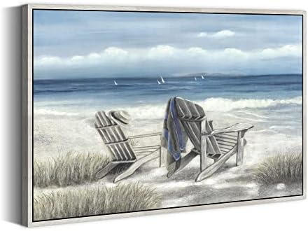 Beach Canvas Framed Wall Art: Living Room Blue Abstract Ocean Painting Modern Coastal Landscape Picture Contemporary Nautical Sea Wave Print Seaside Hand Painted Seascape Skyline Seashore Artwork