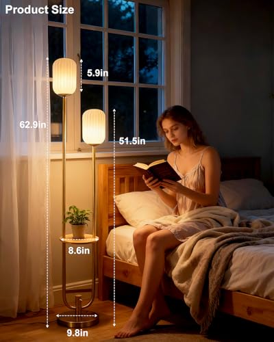 Image of 2-Lights Gold Dimmable Floor Lamp with Table, Modern Floor Lamps with Oval Striped Lampshade 3000K Soft Warm White Standing Tall Lamp for Living Room /Bedroom /Sofa Beside /Corner Decor