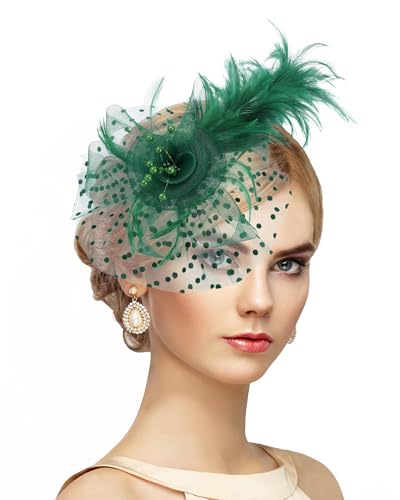 Zinniday Derby Hats for Women 2026 - Green Kentucky Elegant Feather Mesh Fascinators Hat with Detachable Headband 1920s Tea Party Headwear for Church Cocktail Party Prom Carnival Halloween