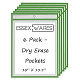6 Pack Dry Erase Pockets – Green – by Essex Wares – for Teacher Lessons in a Classroom or for Use at Your Home or Office – Fits Standard Paper - 10” X 13.5”