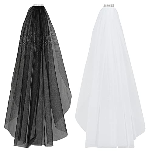Miayon 2pcs 1 Tier Bride Wedding Veil Bridal Simple Tulle Veil with Comb Bridal Hair Accessoies Cut Edge White and Black Velos de Novia