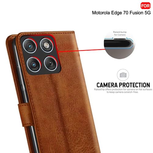 Image of TheGiftKart Flip Cover Back Case for Motorola Moto Edge 70 Fusion 5G | Genuine Leather Finish | Designer Button | Inbuilt Pockets & Stand | Wallet Style Flip Back Cover Case (Faux Leather, Brown)