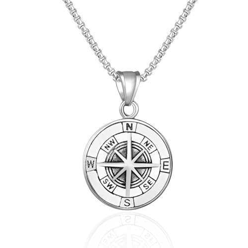 YUZNA Collar para Hombre con Colgante de Brújula,1 Pieza,Diseño de Rosa de los Vientos en Acero y Caucho,Eslabones Hecha a Mano,Acero Inoxidable,Incluye Caja de Regalo,Cumpleaños para Él