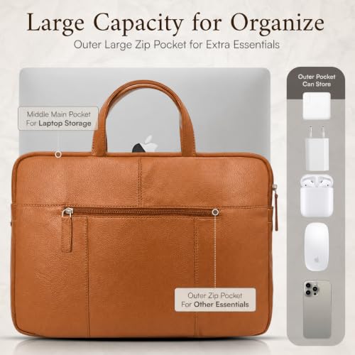 Image of ALLEN & MATE 100% Leather Laptop Case 15 Inch Laptop Sleeve fits MacBook Air /Pro 15 inch M5 /M4 /M3 /M2, MacBook Pro 14 inch, Dell, HP, Lenovo, Chromebook 14 inch-15.6 inch Computer Bag Zip Pocket - Tan