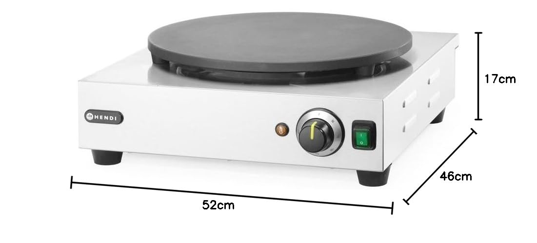 HENDI Crepera eléctrica, con esparcidor de madera,temperatura regulable 50°-250°C, placa de diámetro400mm,de hierro fundido con revestimiento cerámico, 230V, 3000W, 470x509x(H)161mm,acero inoxidable
