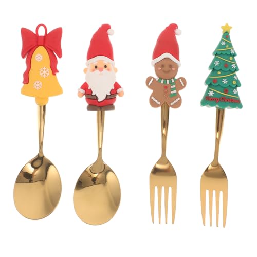 Healeved Juego de cubiertos de 4 piezas con temática navideña, cuchara y tenedor de café de acero inoxidable con Papá Noel, árbol de Navidad, hombre de jengibre y campana. Regalo de vajilla