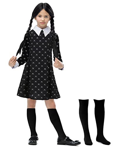 Oumbivil 11-12 Years Girls Wednesday Addams Costume Dress Kids Family Halloween Costumes Skull Printed With High Socks Ou039Xxl #TOP6