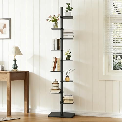 LXSEHN 9 Tier Metal Spine Bookshelf Tower, Adjustable Vertical Spine Book Tower Floor, Metal Vertical Bookshelf for Study Room,Living Room,Office,Bedroom (Black)