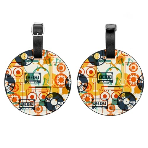 Paquete de 2 etiquetas de equipaje, cinta de CD, auriculares, equipo de audio, impresiones redondas de cuero, etiquetas para maleta de viaje con tarjeta de dirección de nombre de privacidad