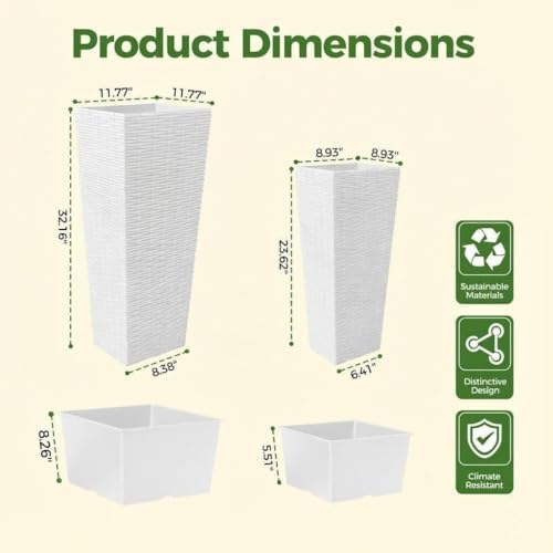 All-Weather White Rattan Planter Set of 2, Two 32" Tall Outdoor Plant Pots, Removable Liners, Drainage Holes, Garden Flower Pots for Patio, Porch, Backyard by GarveeLife - Image 6