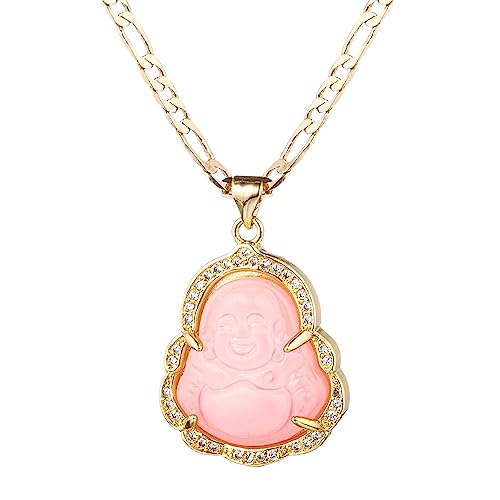 yipima Buddha Pendant Necklace for Women Men 18K Gold Plated Zircon Inlay Multi-color Buddha Head for Protection 3MM Flat Figaro Necklace Chain