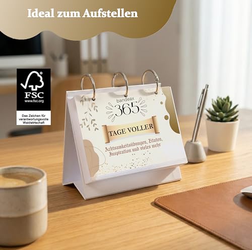 bandeax Achtsamkeitskalender 2026 – 365 Tage Inspiration & Motivation, Ringbuch-Tischkalender wiederverwendbar mit täglichen Sprüchen, Übungen & Tipps, Tageskalender mit Notizseiten