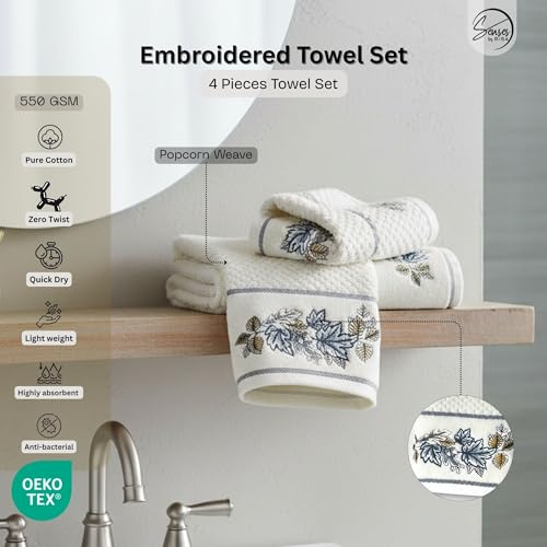 Image of SENSES By Riba Cotton Embroidered Towel Set, 550 GSM Soft & Absorbent, Antimicrobial, Oeko-Tex Certified | Ideal for Home & Gifting, Pack of 4 (2 Bath 27 inchX50 inch + 2 Hand Towels 16 inchX26 inch) - Style 8