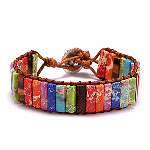 Imperial Jasper Chakra Bracelet Handmade Leather Sunflower Button Adjustable Wrap Bracelet Bohemian Multi Color Woven Natural Stone Yoga Tube Beaded Healing Jewelry For Womens Girls Friendship-Rainbow #TOP8